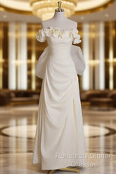 Light Yellow A-Line Satin Off-Shoulder Tulle Long Semi Formal Prom Dress Graduation Semi Formal Prom Dress Wedding Dress